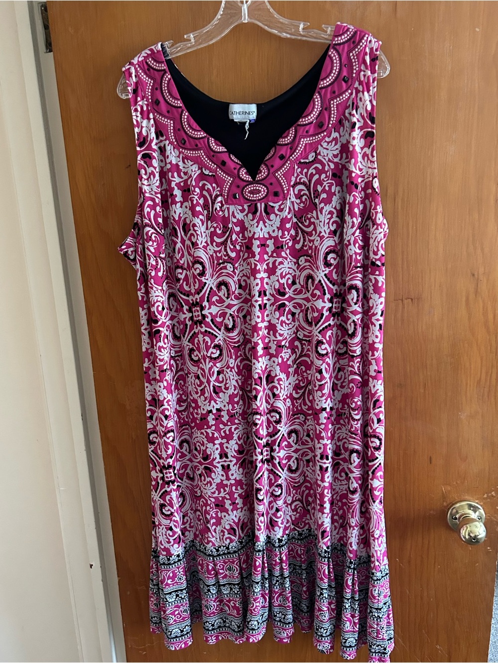Catherines Pink and White Sleeveless Midi Dress with Black Accents